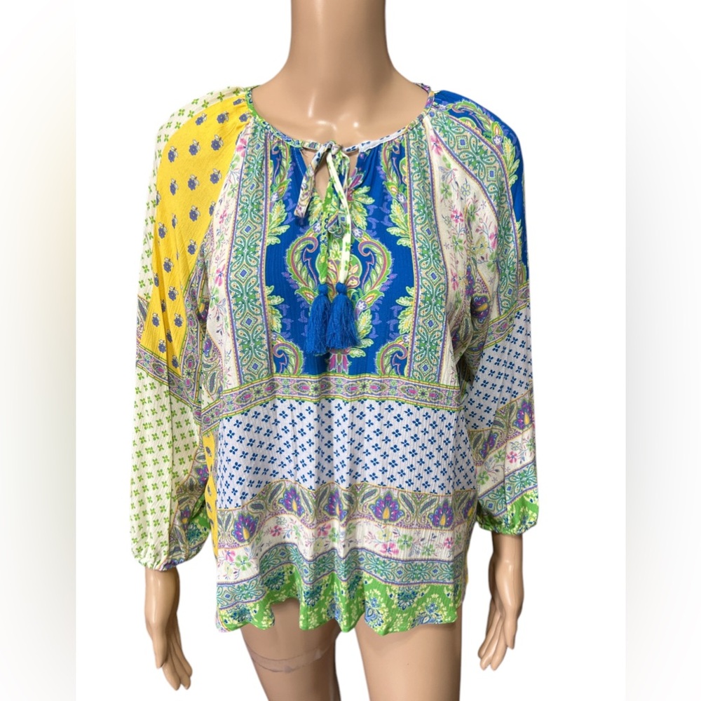 NWT Farmers Market Sz S Peasant Style Blouse Long Balloon Sleeves Mixed Pattern